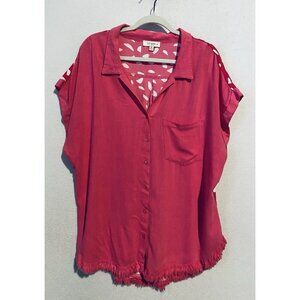 Umgee Top Womens 1XL Bright Pink Linen Cotton Mixed Media Artsy Fringe Barbie